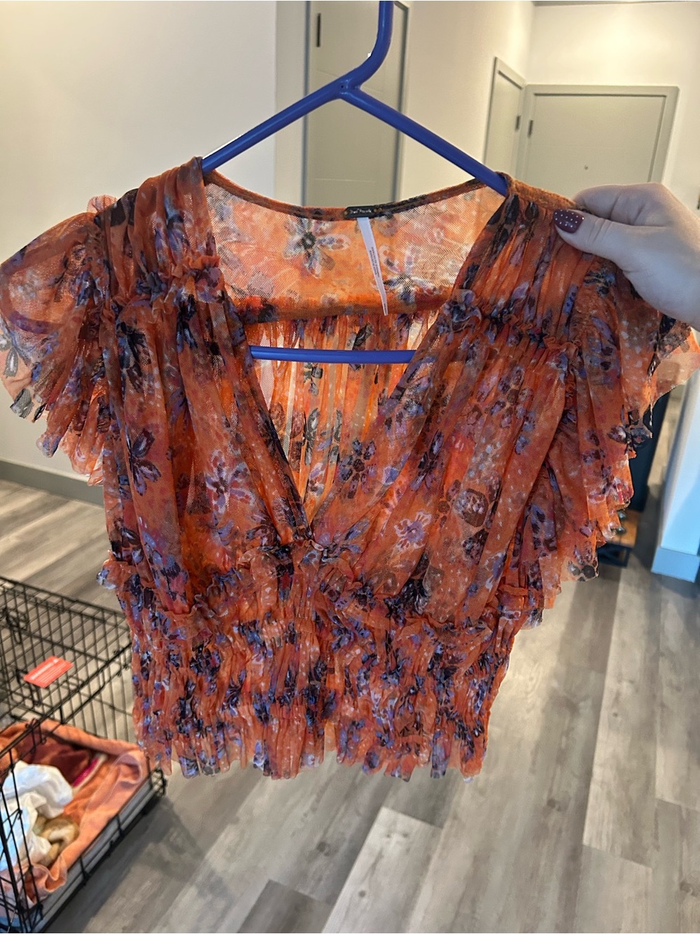 Free People Women's Orange Floral V-Neck Ruffle Crop Top